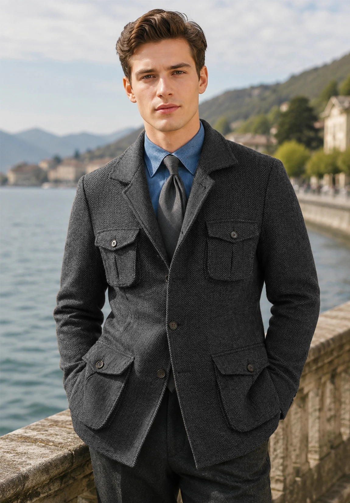 Men's dark gray herringbone jacket