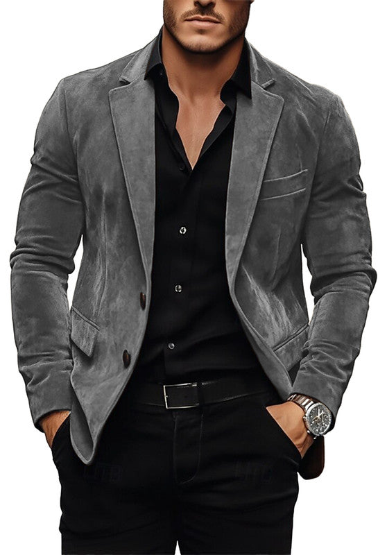 Men's Suede Blazer Dark Grey, Casual Smart Outfit Side Pose