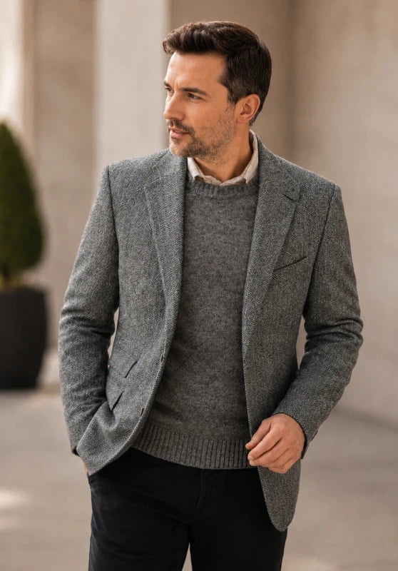 Men's herringbone tweed blazer, grey wool-blend fabric classic-fit close-up fabric and pocket detail