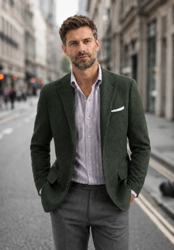 Men's tweed blazer, green textured tweed slim-fit close-up fabric and pocket detail