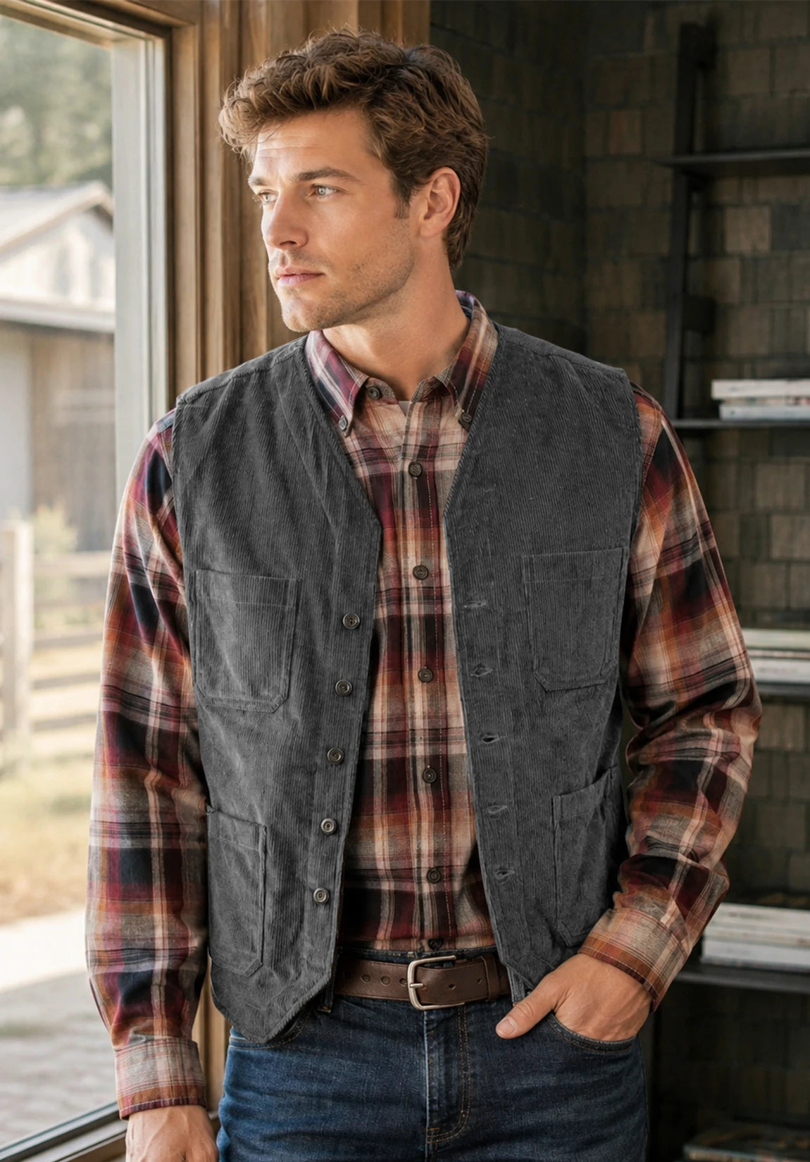 Men's Classic Fit Textured Corduroy Vest for Holiday