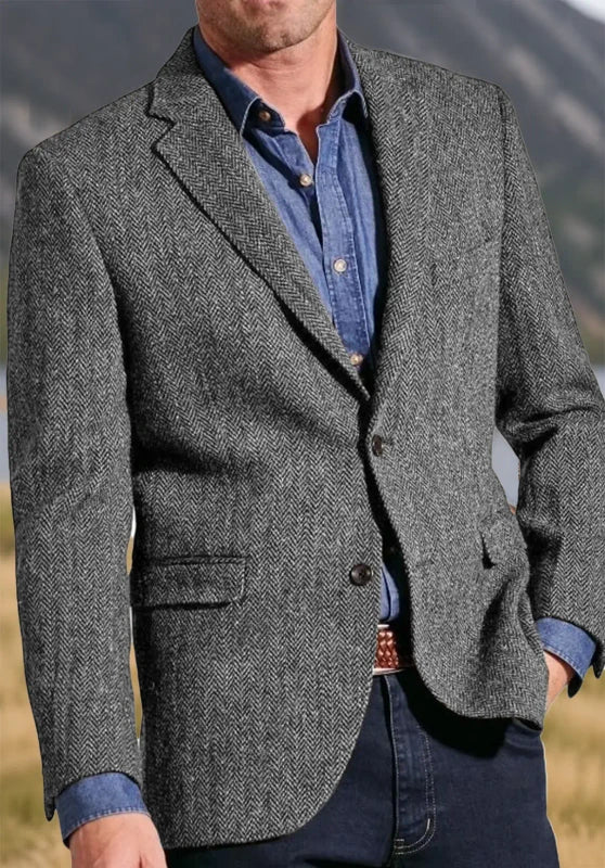 Men's tweed blazer, grey textured tweed classic-fit close-up fabric and pocket detail
