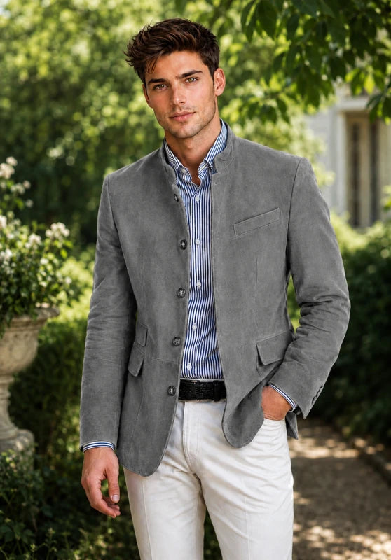 Front view of men's suede blazer in dark grey