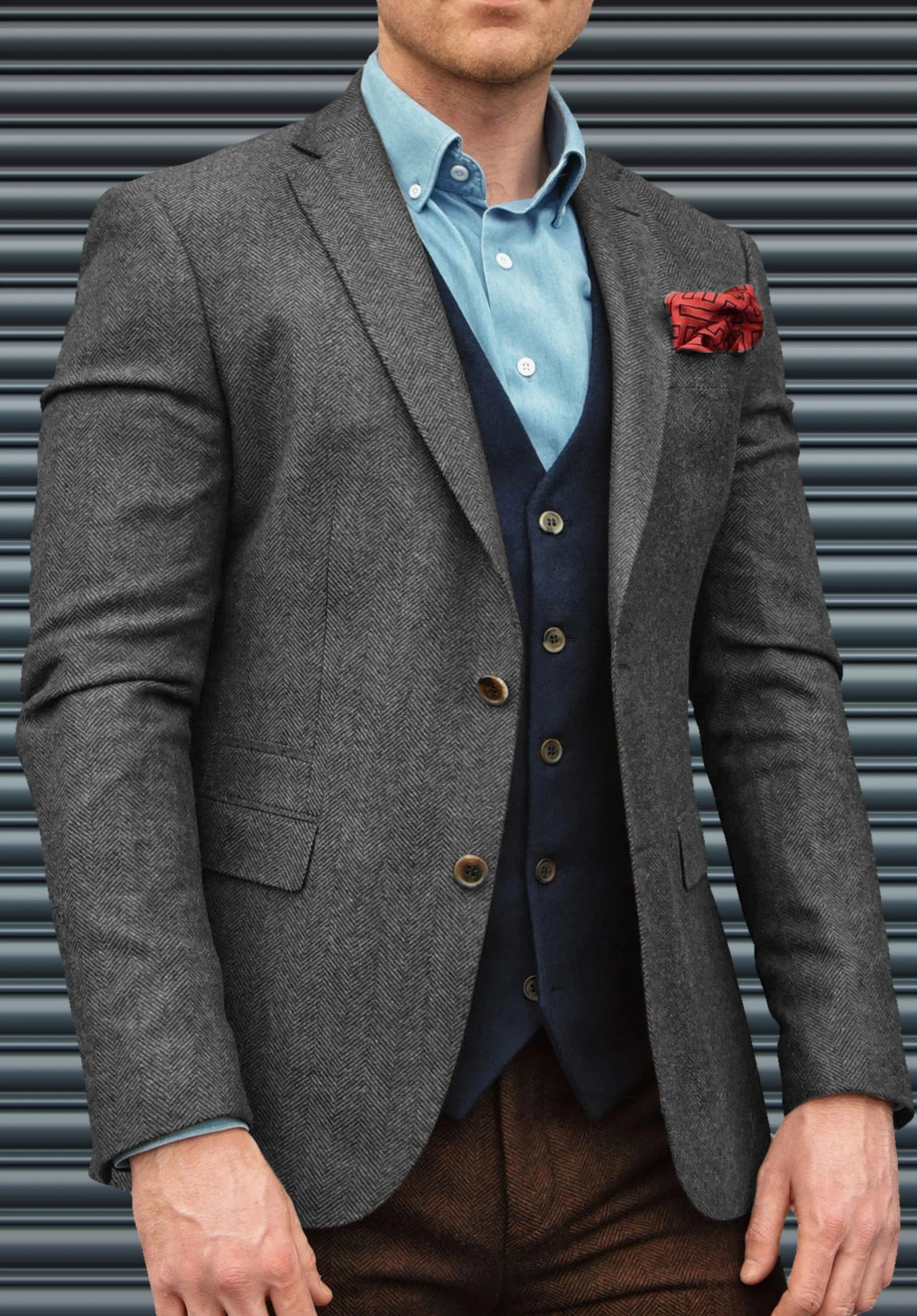 Men's Suit Blazer  Grey  Herringbone  Front Styled Look