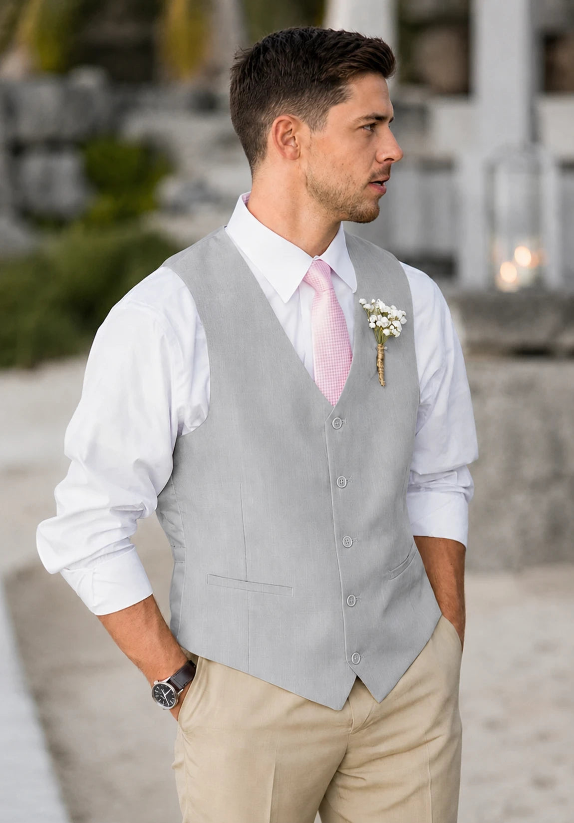 Men's Suit Vest + Grey + Five-Button Design + Front Styled Look