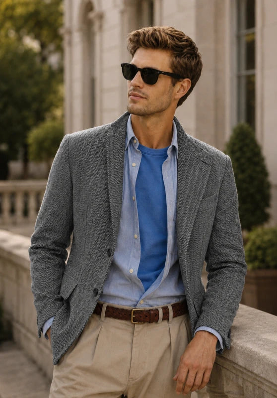 Men's herringbone tweed blazer, grey wool-blend fabric classic-fit close-up fabric and pocket detail