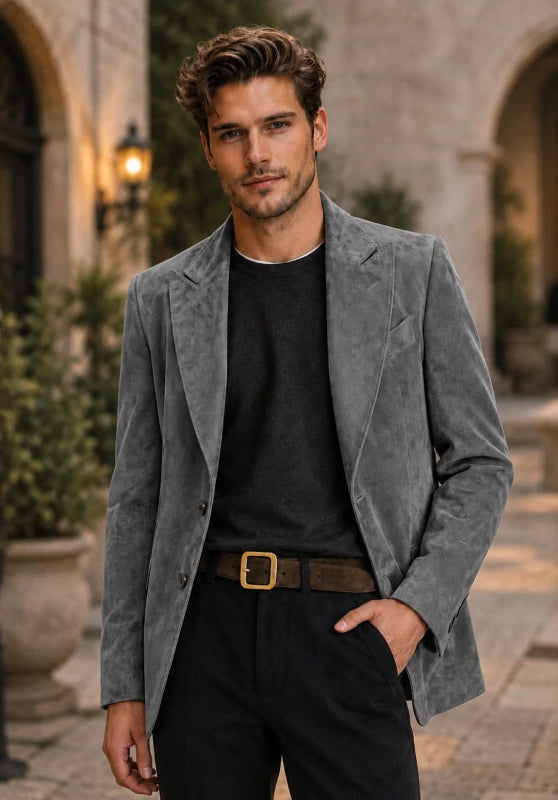 Front view of men's suede blazer in dark grey
