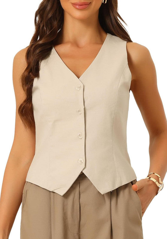 Khaki Women's Linen Vest Front View