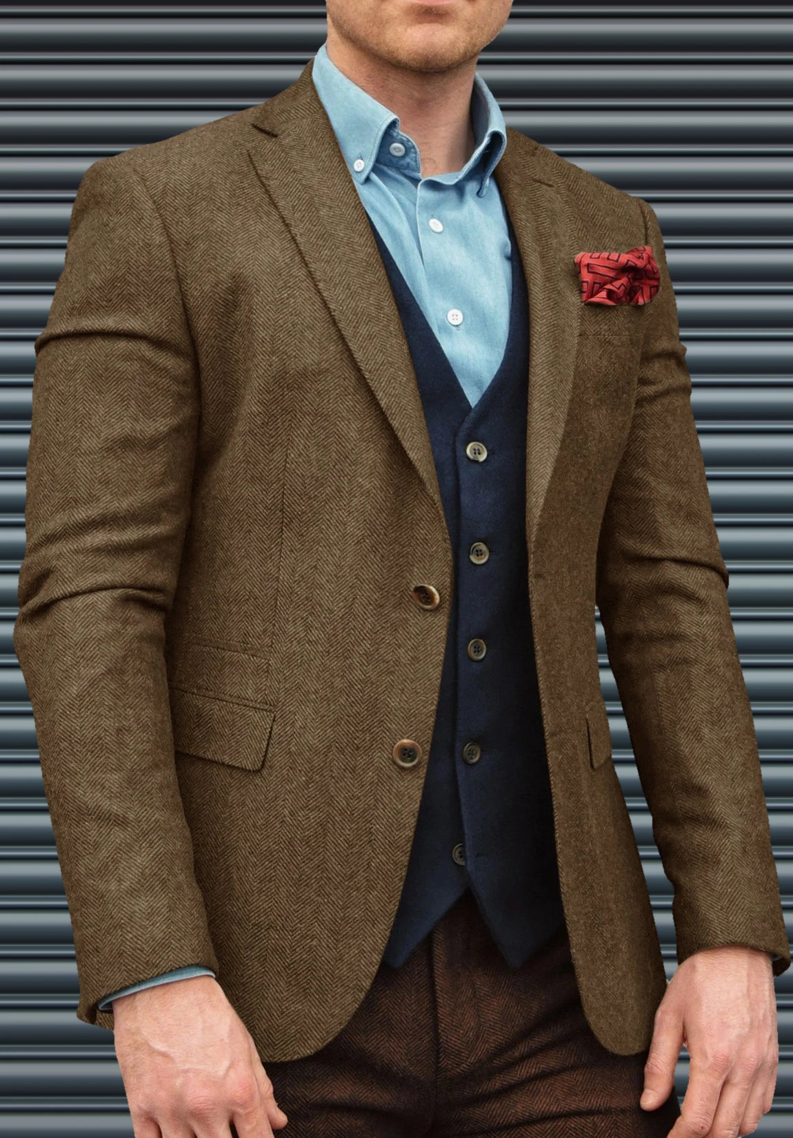 Men's Suit Blazer Khaki Herringbone Front Styled Look