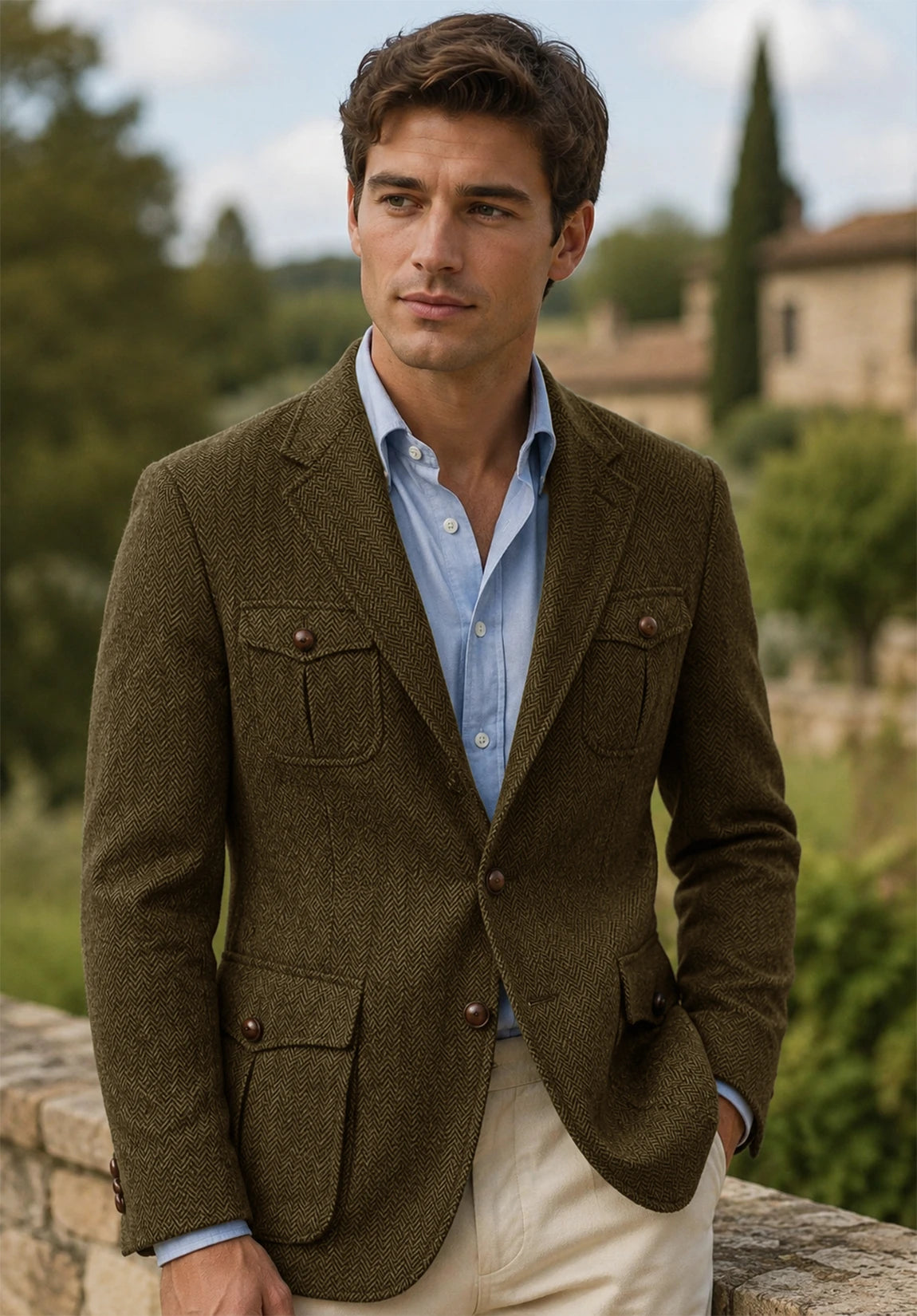 Men's khaki herringbone jacket