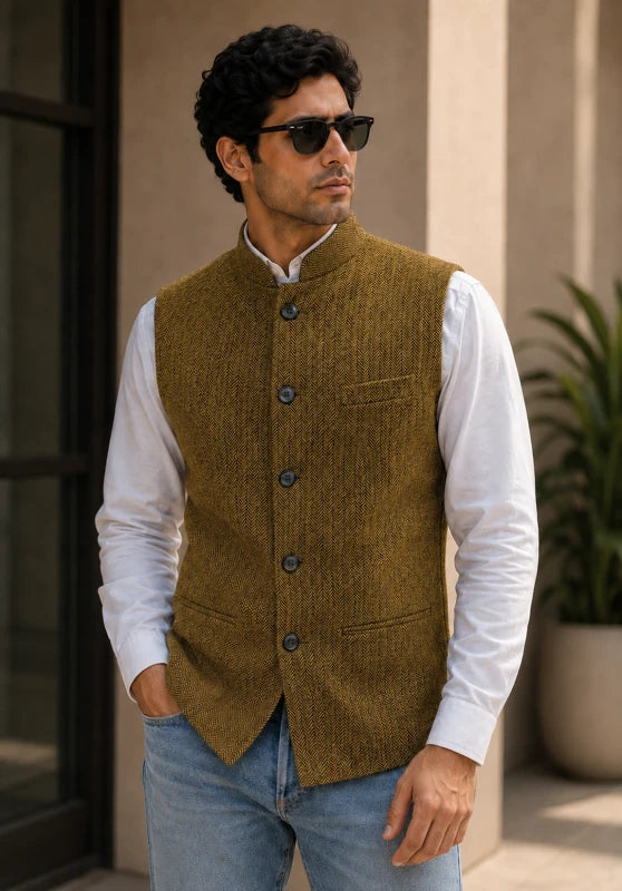 Men's khaki tweed vest 