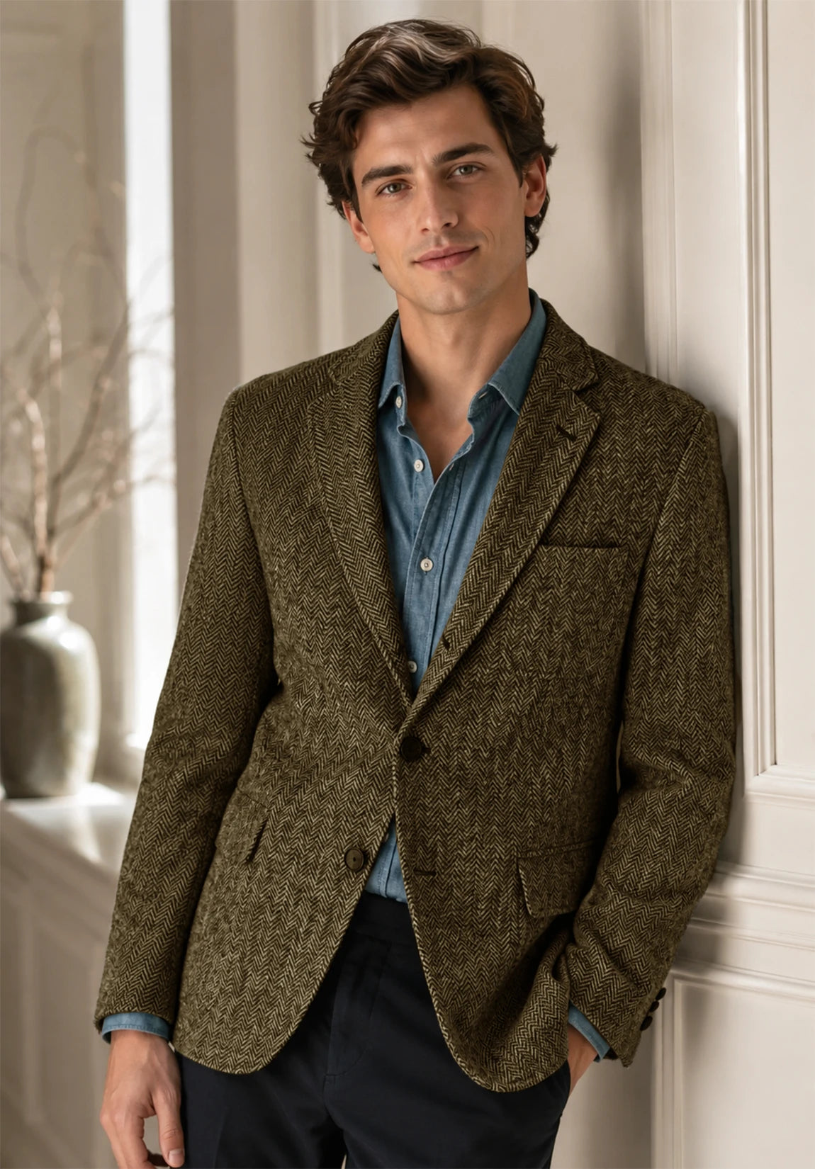 Men's khaki herringbone jacket