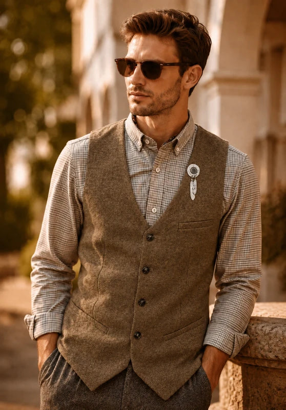 Men's khaki tweed vest 