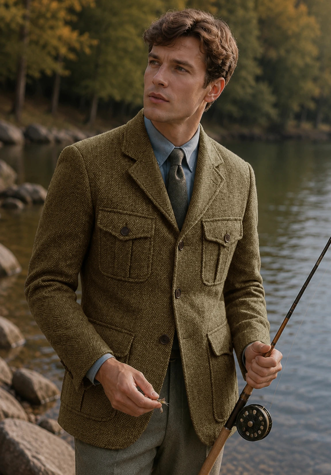 Men's khaki herringbone jacket
