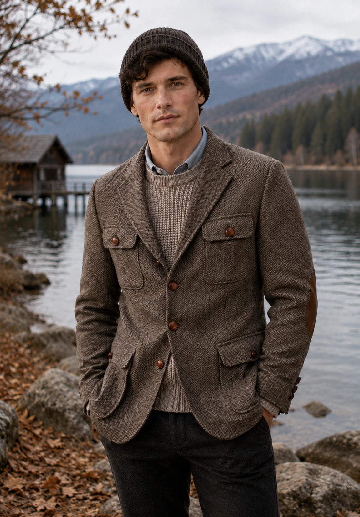 Men's khaki herringbone jacket