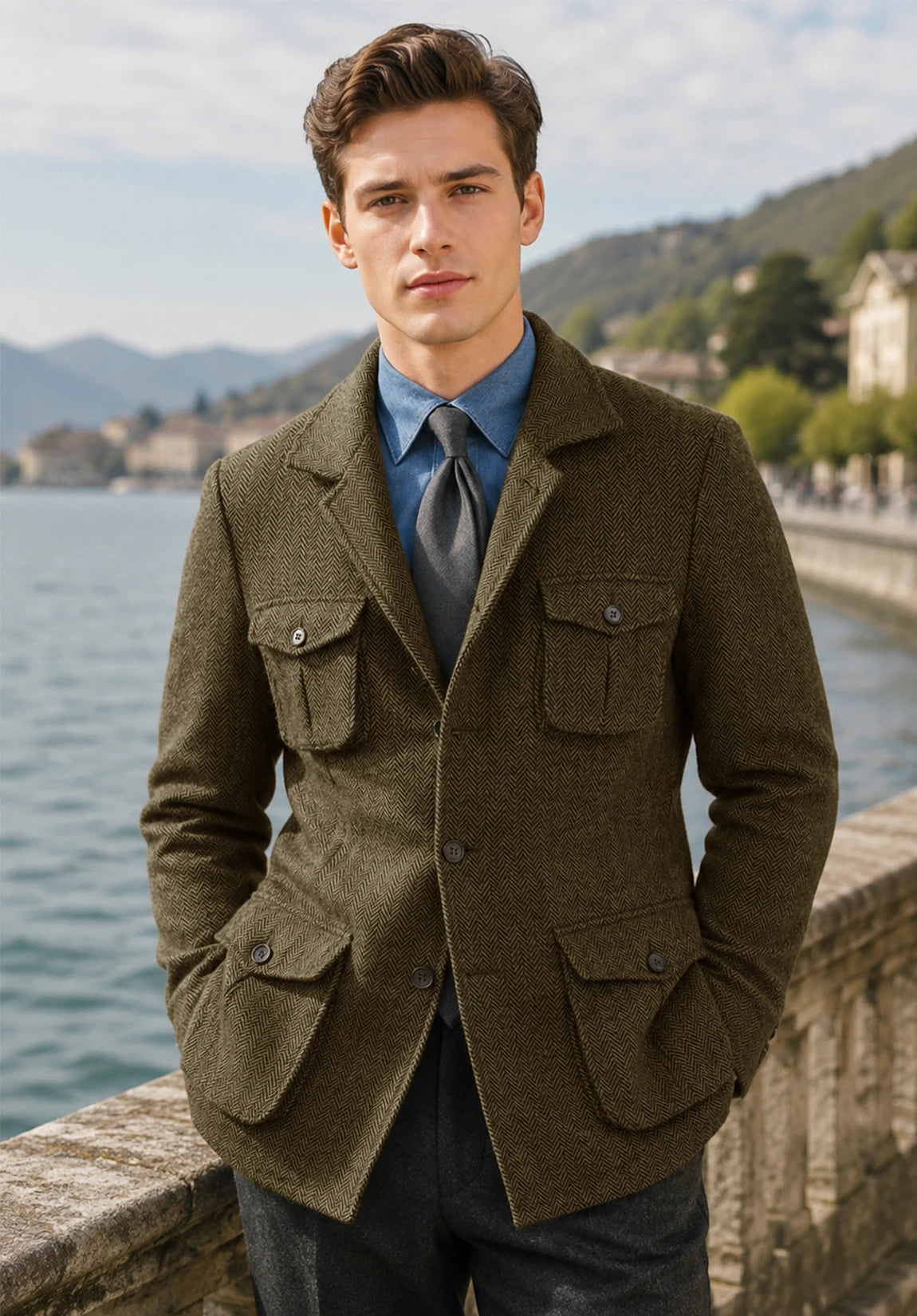 Men's khaki herringbone jacket