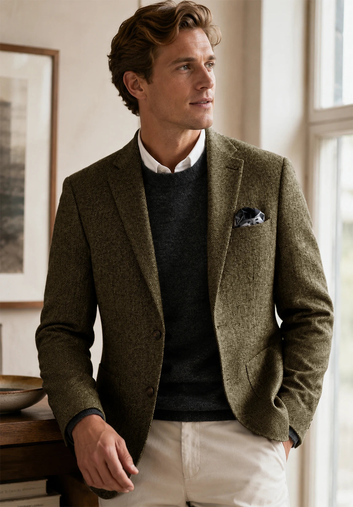 Men's khaki herringbone jacket