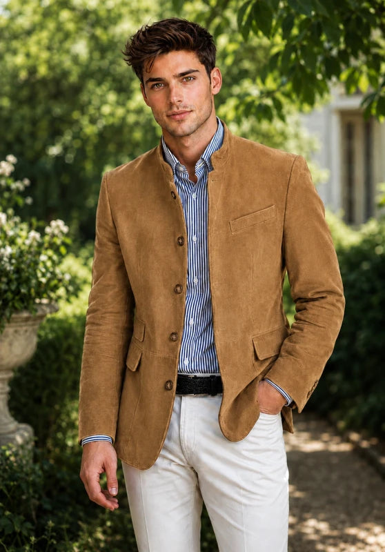 Front view of men's suede blazer in khaki