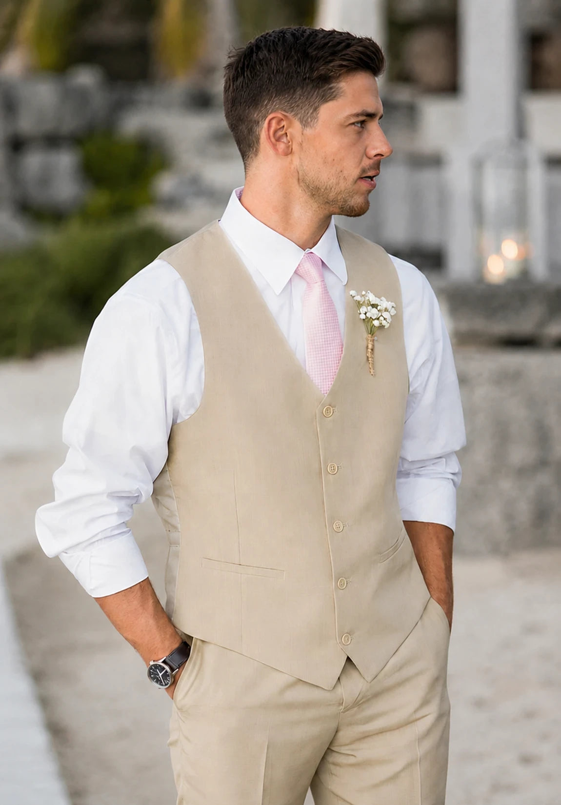 Men's Suit Vest + Khaki + Five-Button Design + Front Styled Look