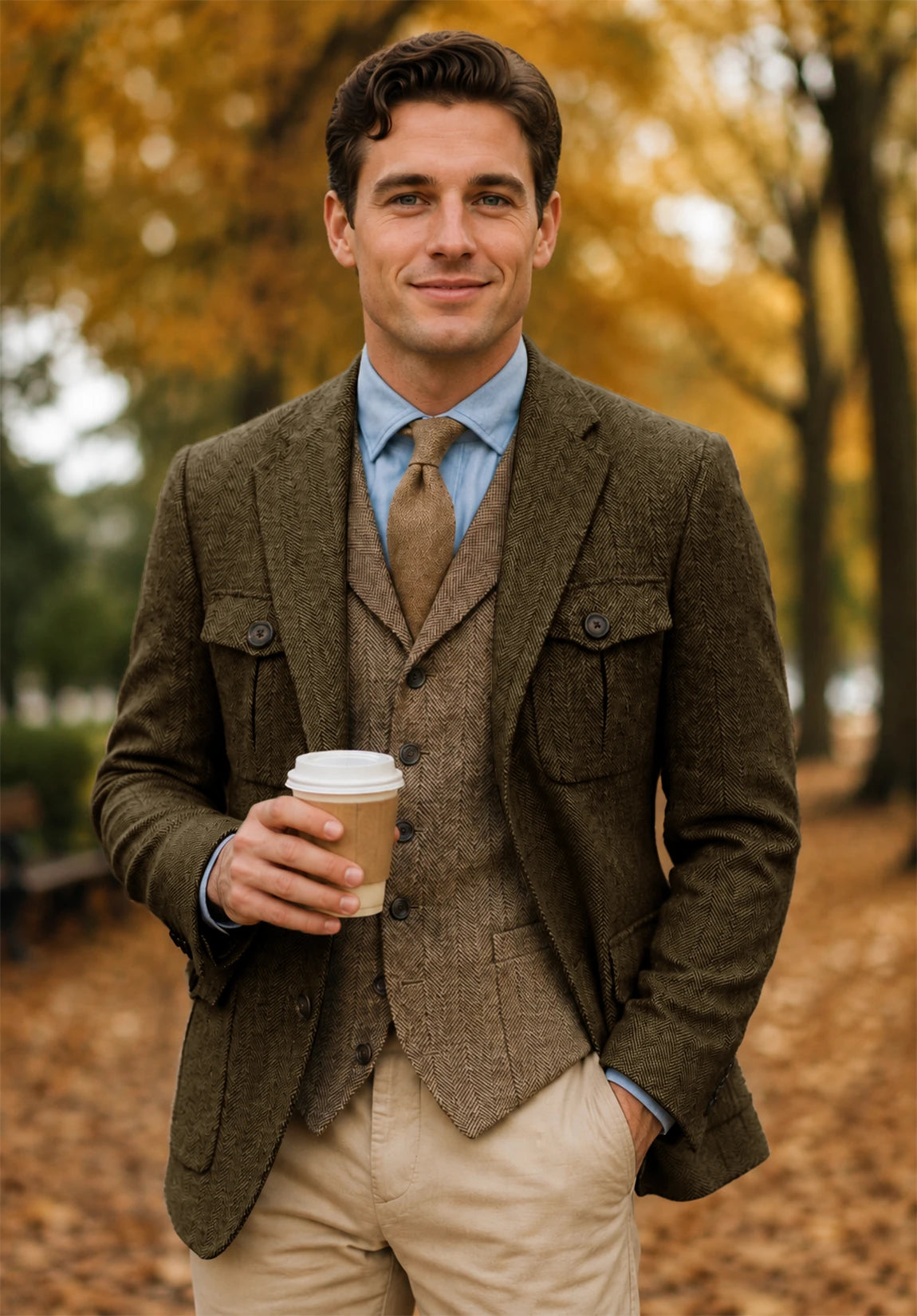 Men's khaki herringbone jacket