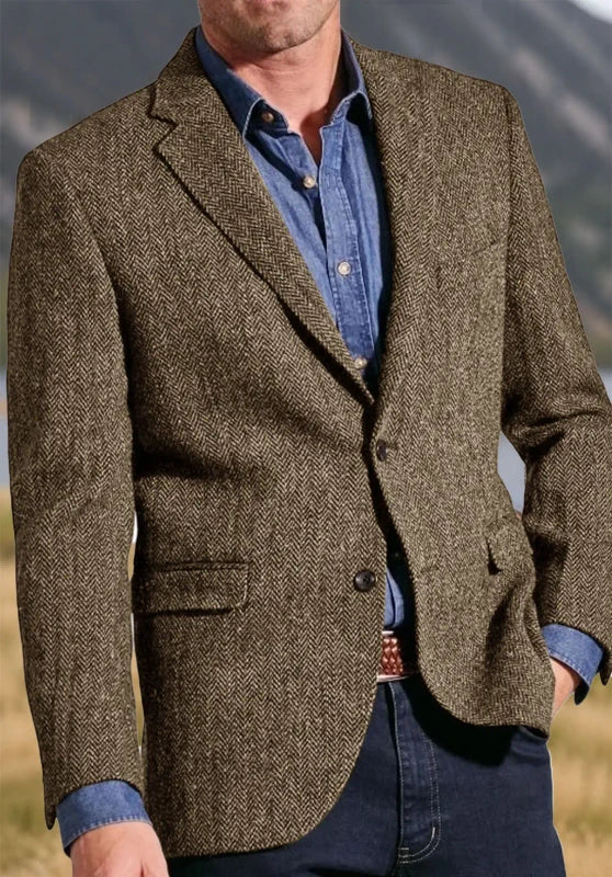 Men's tweed blazer, khaki textured tweed classic-fit close-up fabric and pocket detail