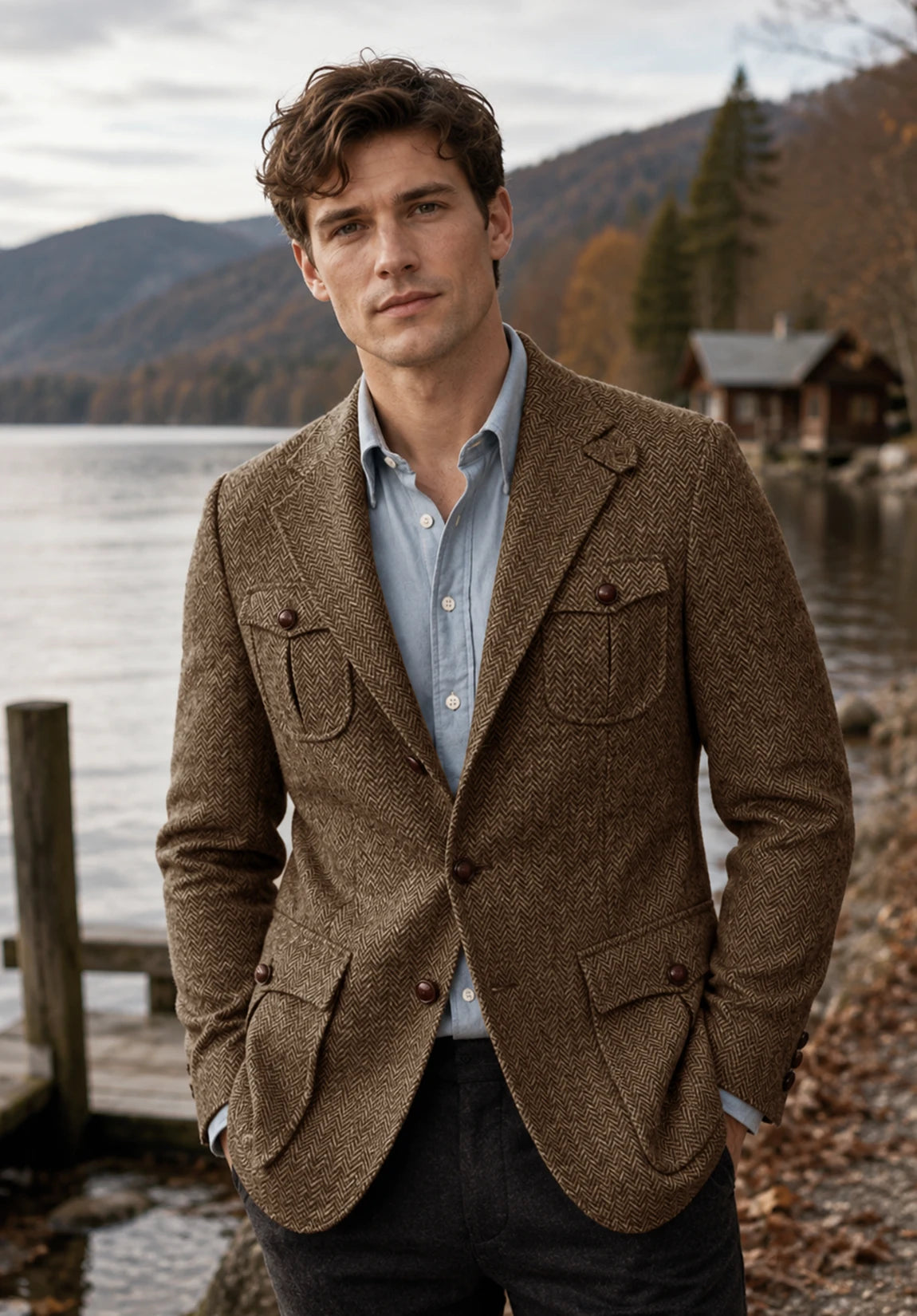 Men's khaki herringbone jacket