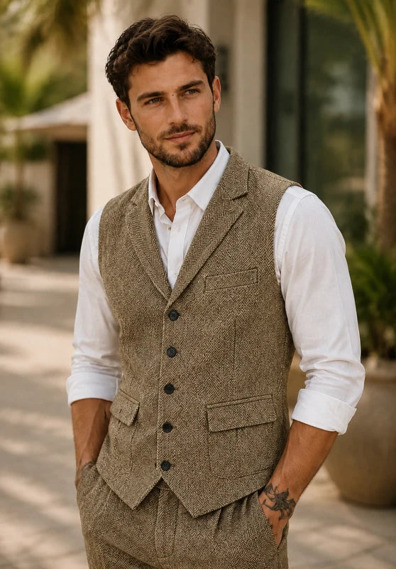 Men's khaki tweed vest