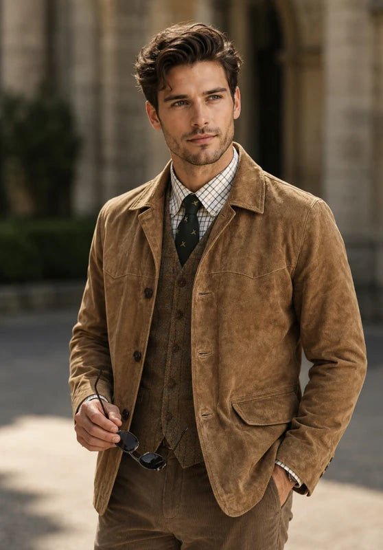 Men's suede blazer, khaki soft suede slim-fit close-up fabric and pocket detail