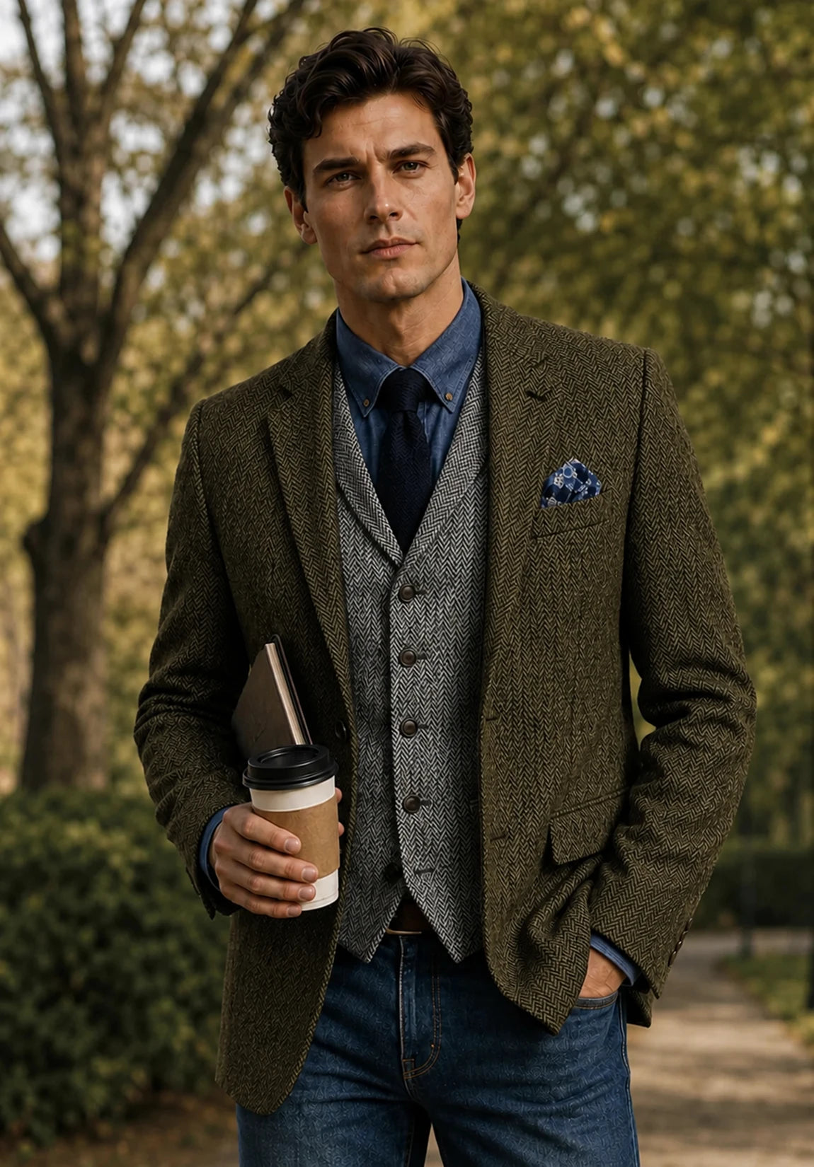 Men's khaki herringbone jacket
