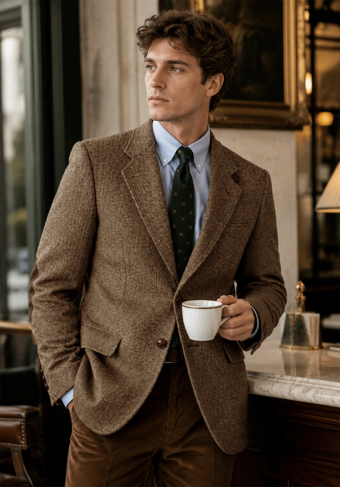 Men's khaki herringbone jacket