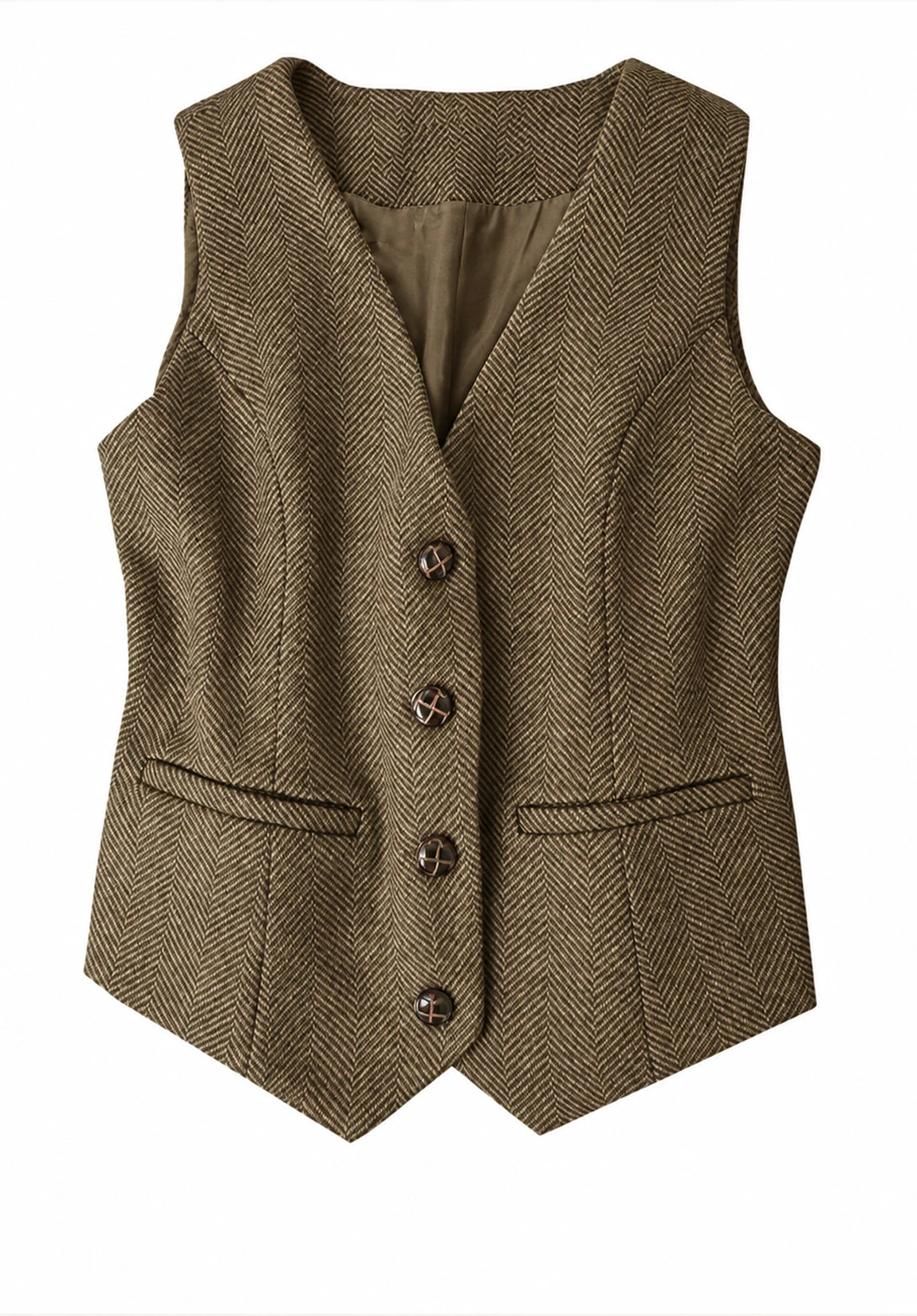 Women's Suit Vest  Khaki  Herringbone  Front Styled Look