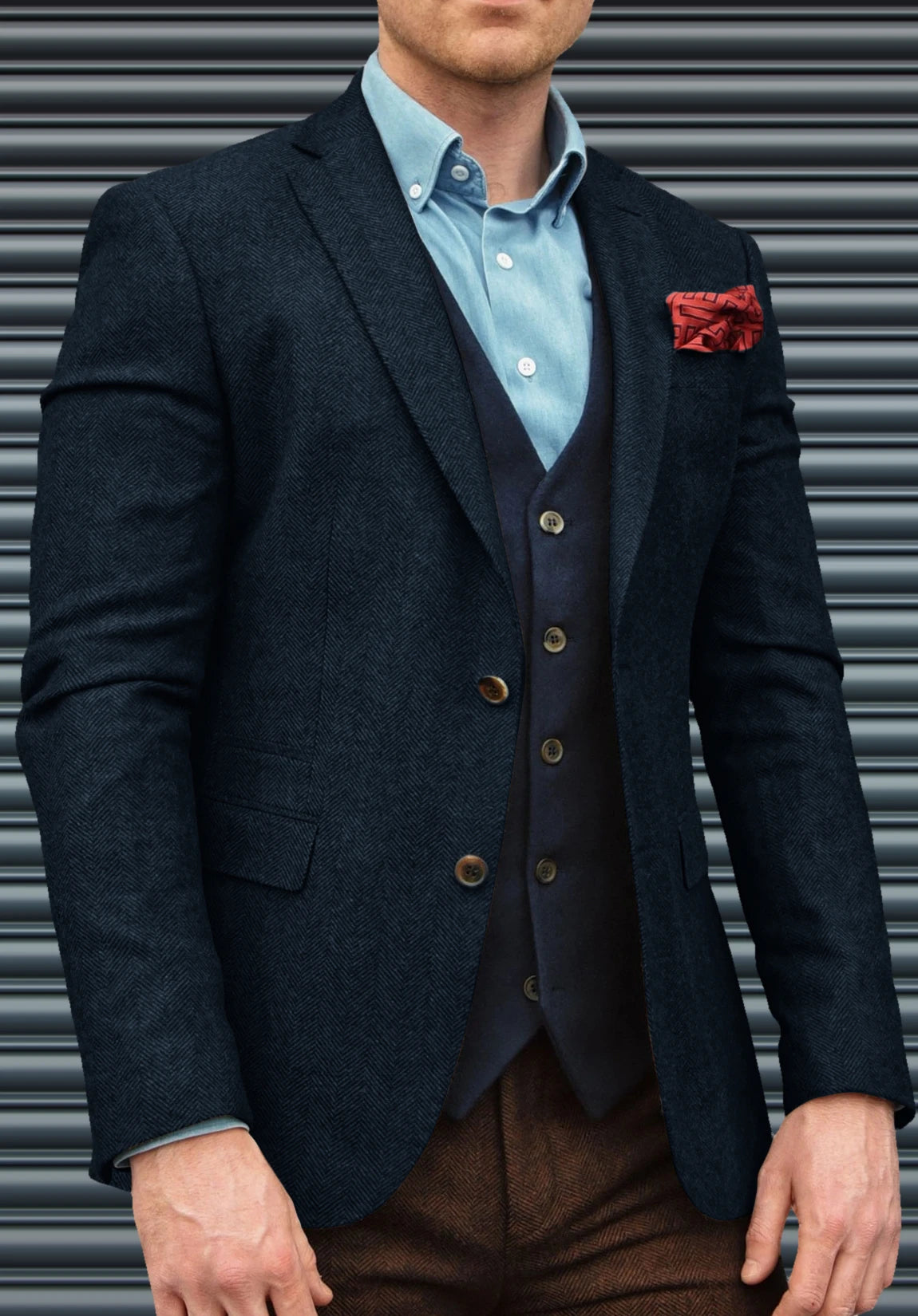 Men's Suit Blazer  Navy  Herringbone  Front Styled Look