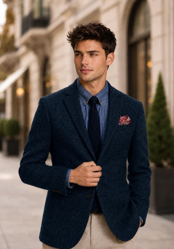 Men's herringbone tweed blazer, navy blue wool-blend fabric slim-fit close-up fabric and pocket detail