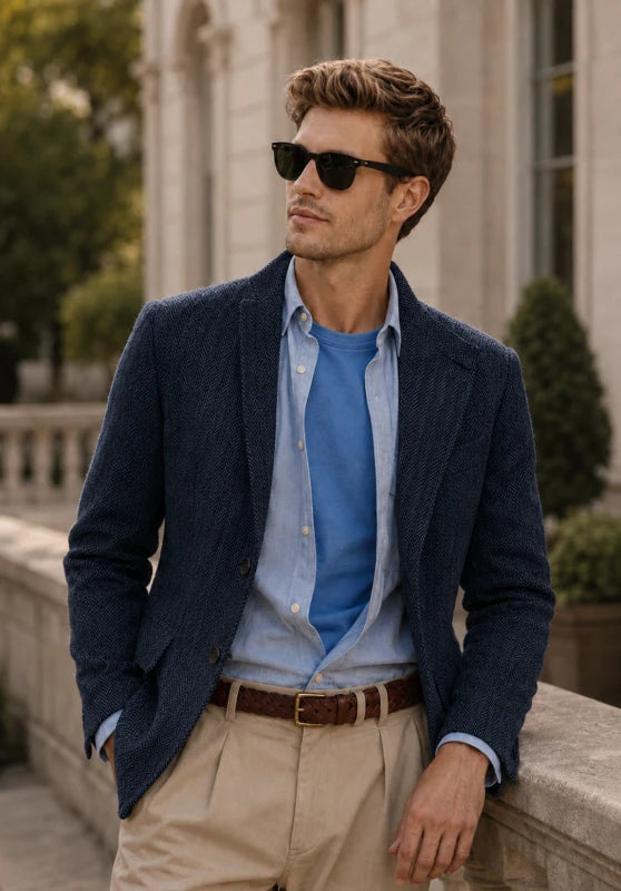 Men's herringbone tweed blazer, navy blue wool-blend fabric classic-fit close-up fabric and pocket detail