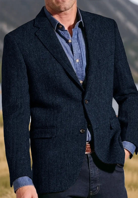 Men's tweed blazer, navy blue textured tweed classic-fit close-up fabric and pocket detail