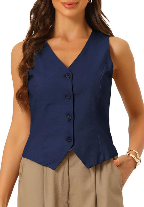 Navy Women's Linen Vest Front View