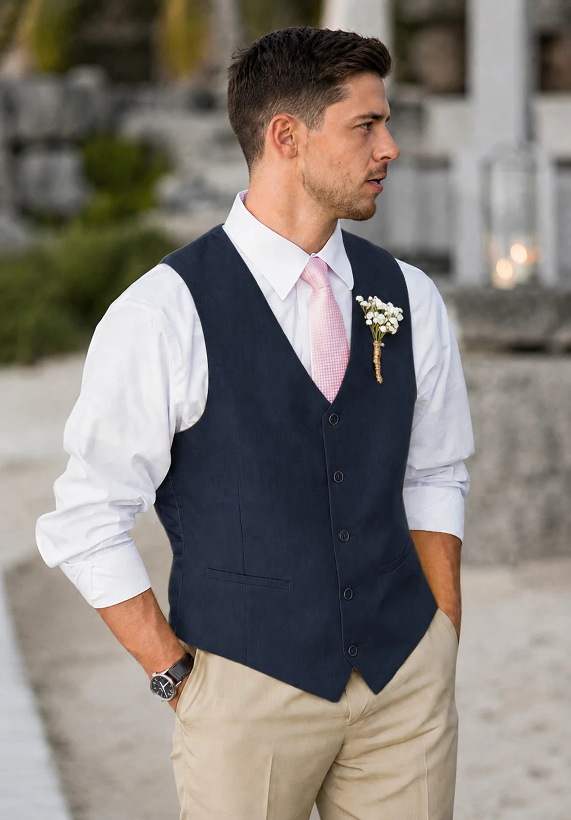 Men's Suit Vest + Navy + Five-Button Design + Front Styled Look