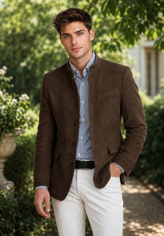 Front view of men's suede blazer in brown