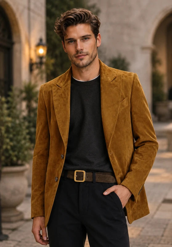 Front view of men's suede blazer in khaki