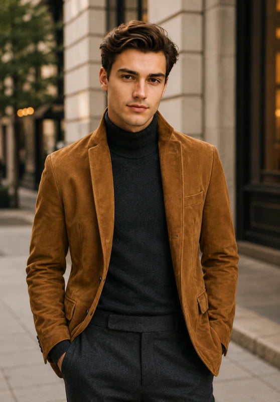 Size chart for men's suede blazer with measurements in inches and centimeters