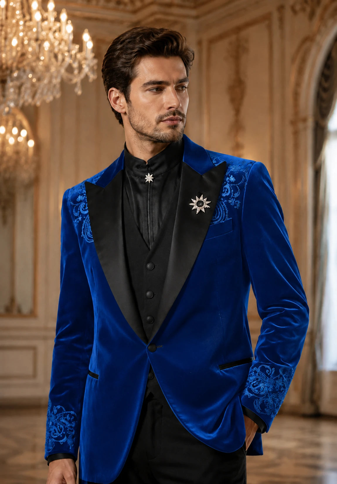 Men's royal blue velvet jacket