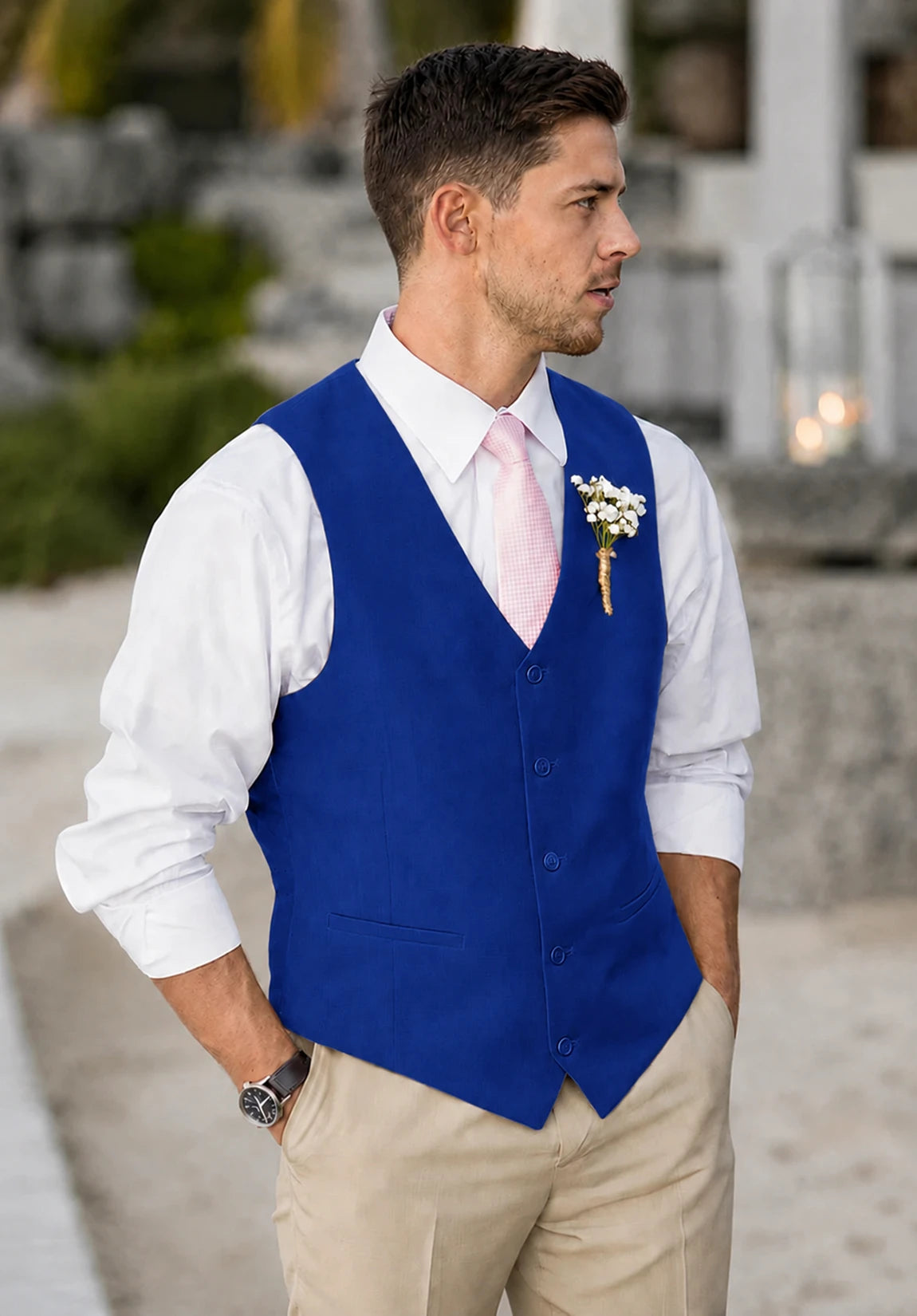 Men's Suit Vest + Royal Blue + Five-Button Design + Front Styled Look