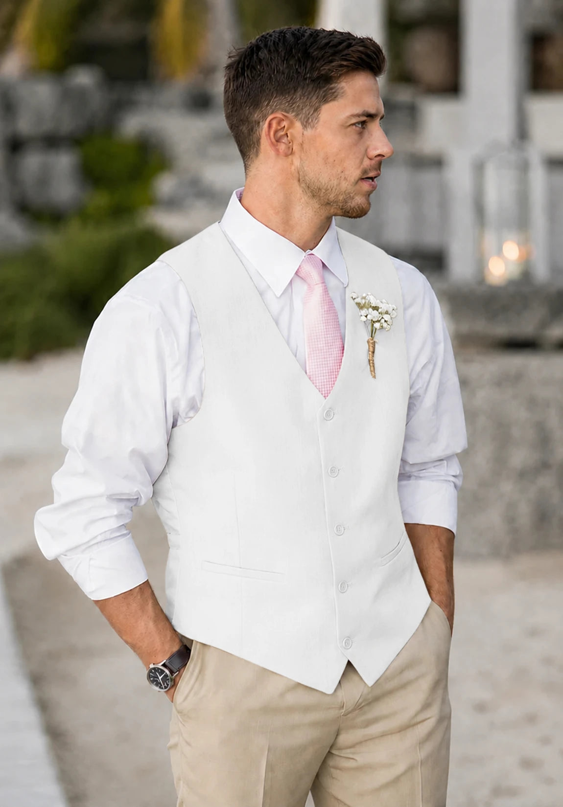 Men's Suit Vest + White + Five-Button Design + Front Styled Look