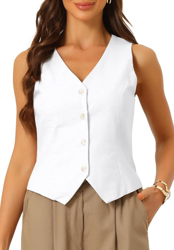 White Women's Linen Vest Front View
