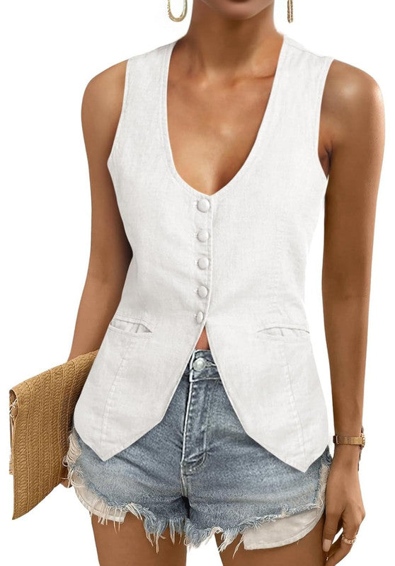 Women's Linen Vest  Blue Front Casual Outfit Look