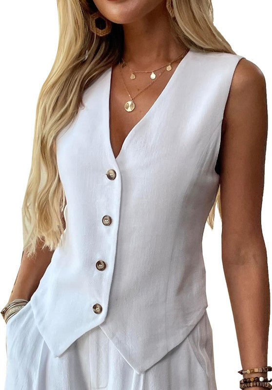 Women's Linen Vest White Front View