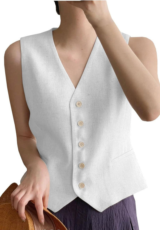 White Women's Linen Vest Front View