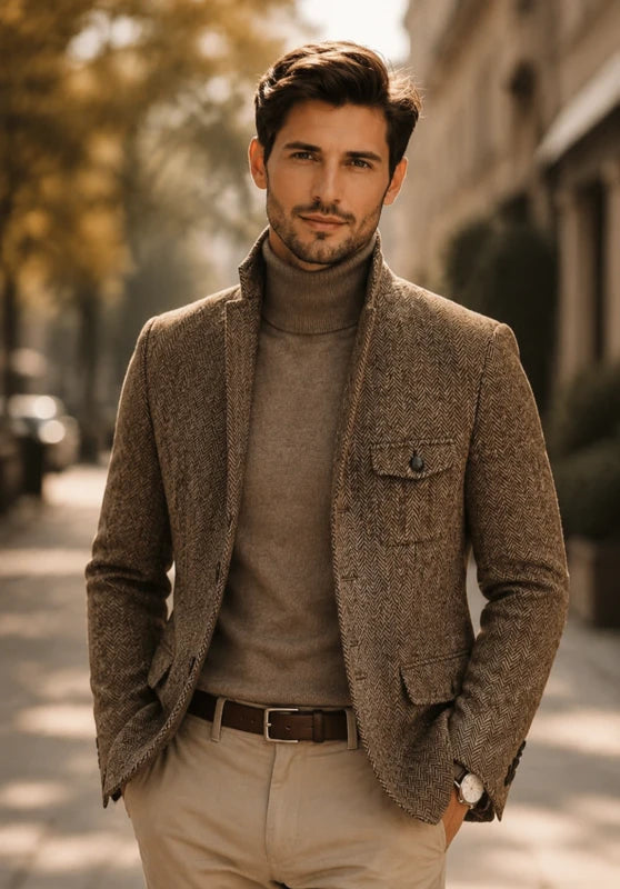 Men's herringbone tweed blazer, brown wool-blend fabric classic-fit close-up fabric and pocket detail