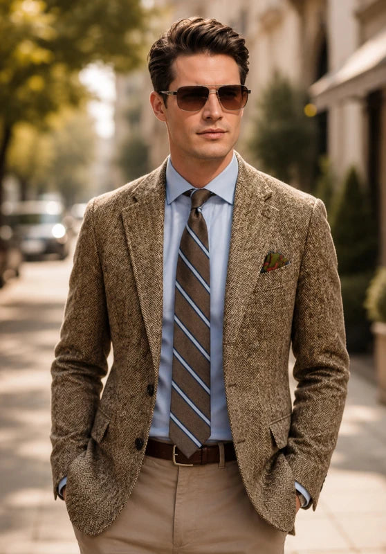 Men's herringbone tweed blazer, black wool-blend fabric classic-fit close-up fabric and pocket detail