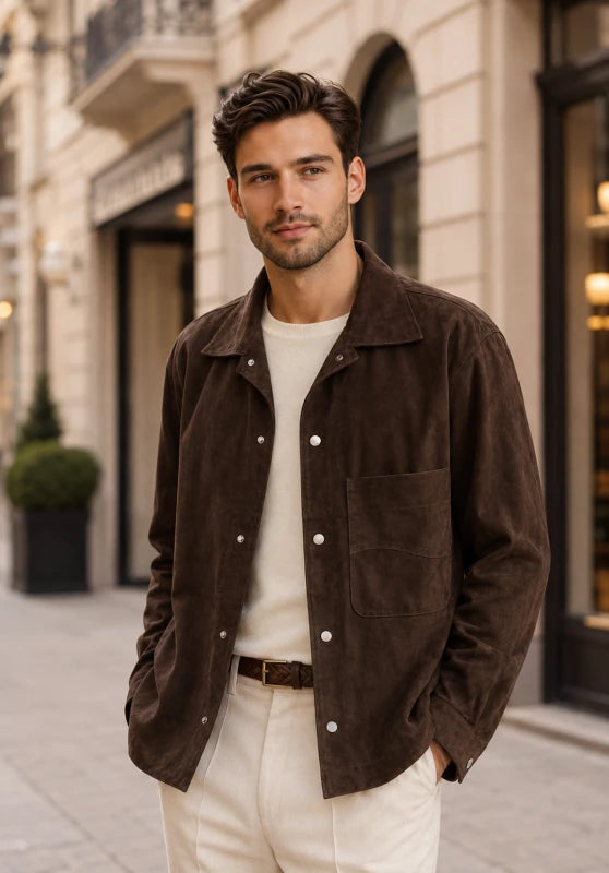 Front view of men's suede blazer in brown